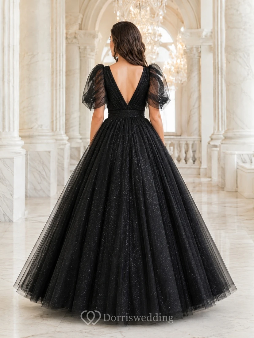Black V-Neck Puff Sleeve Tulle Ball Gown Evening Dress view 2