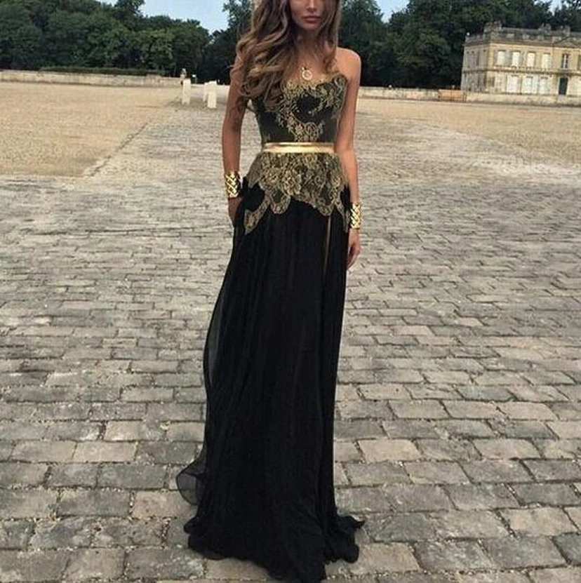 Sexy Sweetheart Gold Appliques Black Evening Dress Long on Sale view 2