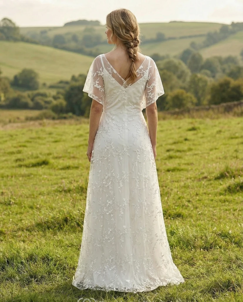 Robe de mariée bohème en dentelle, coupe trapèze, col en V, manches papillon, style champêtre view 2