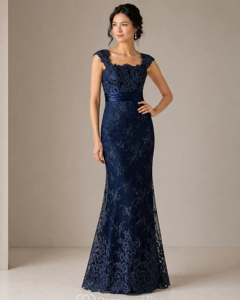 Cap-Sleeved Mother Of The Bride Dress With Appliques And Square Back view 3