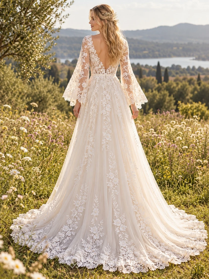 Boho Bell Sleeve V-neck Floral Lace A-Line Wedding Dress view 2