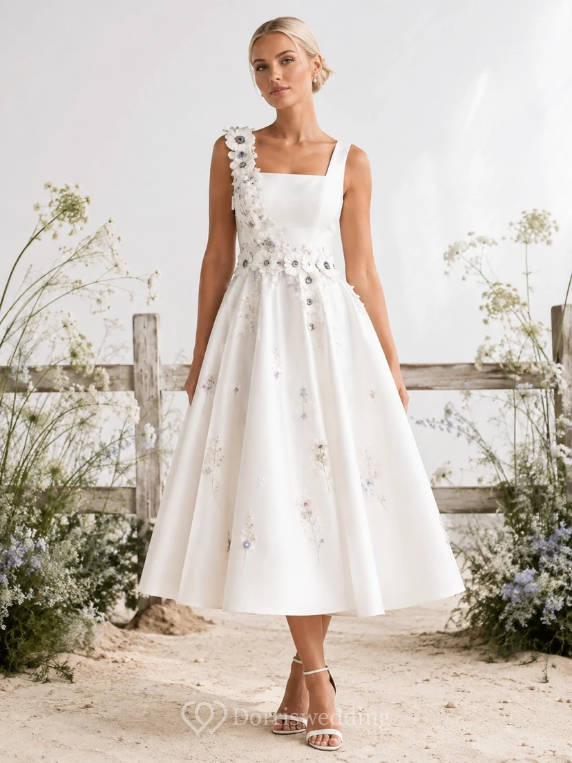 Simple White Wildflower Print Square Neck Sleeveless Satin A-Line Tea-length Dress