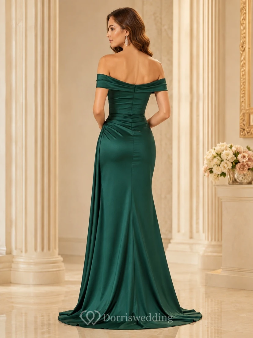 Emerald Off Shoulder Ruched Satin Mermaid Floor Length Formal Evening Gown view 2