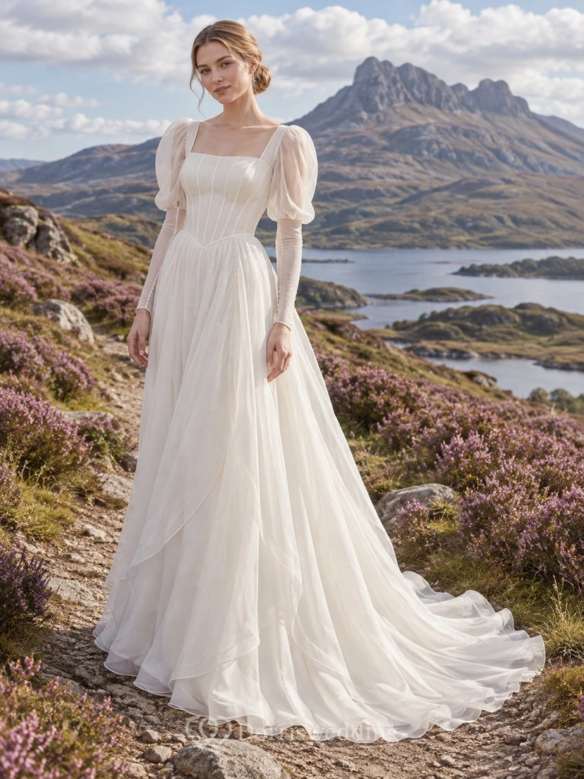 Vestido de novia vintage modesto de organza con escote cuadrado y manga larga, corte en A