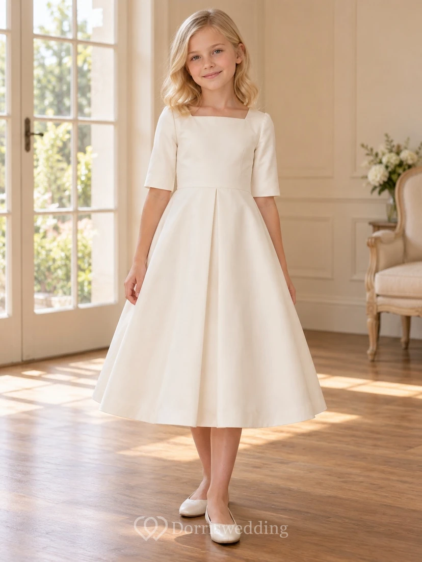 Simple Modest Square Neck Ivory Tea-length Elbow Sleeve Broad Center Pleat Flower Girl Dress