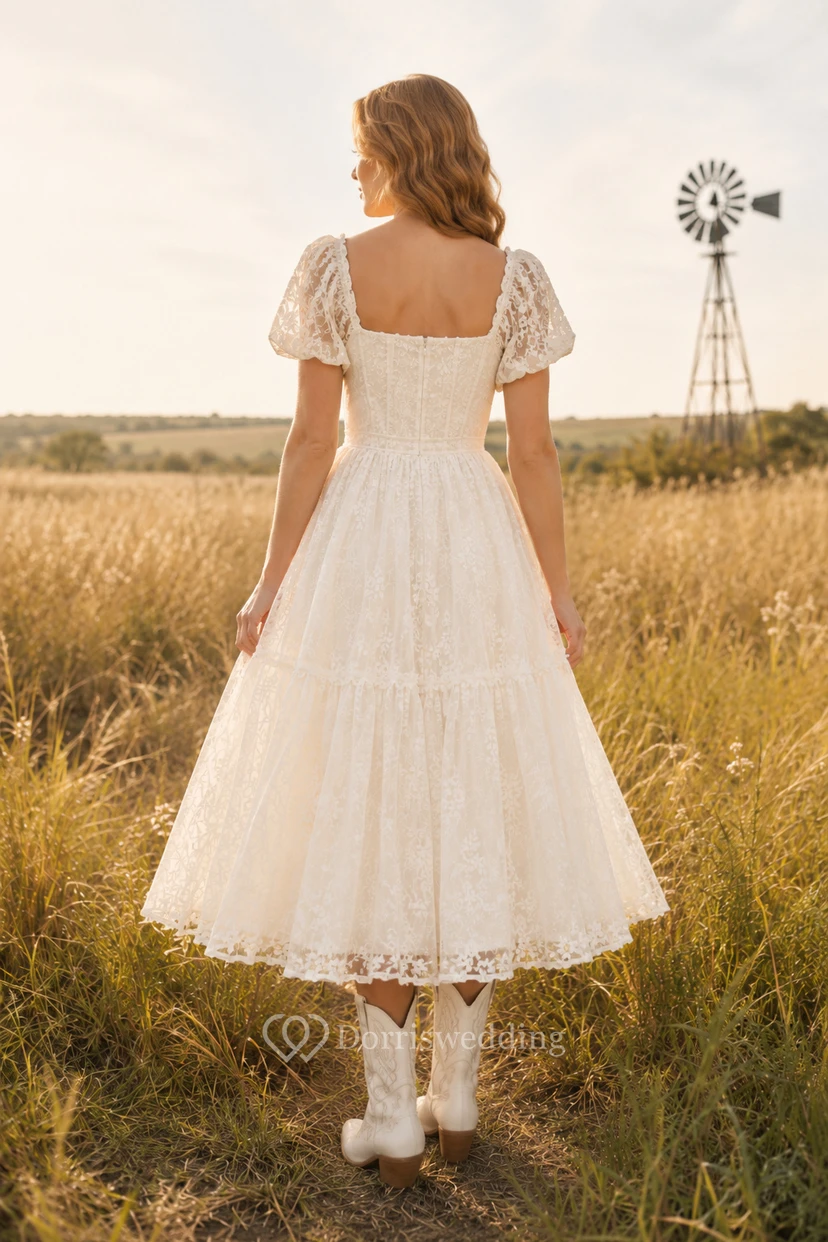 Robe de mariée occidentale en dentelle mi-longue avec manches bouffantes view 2