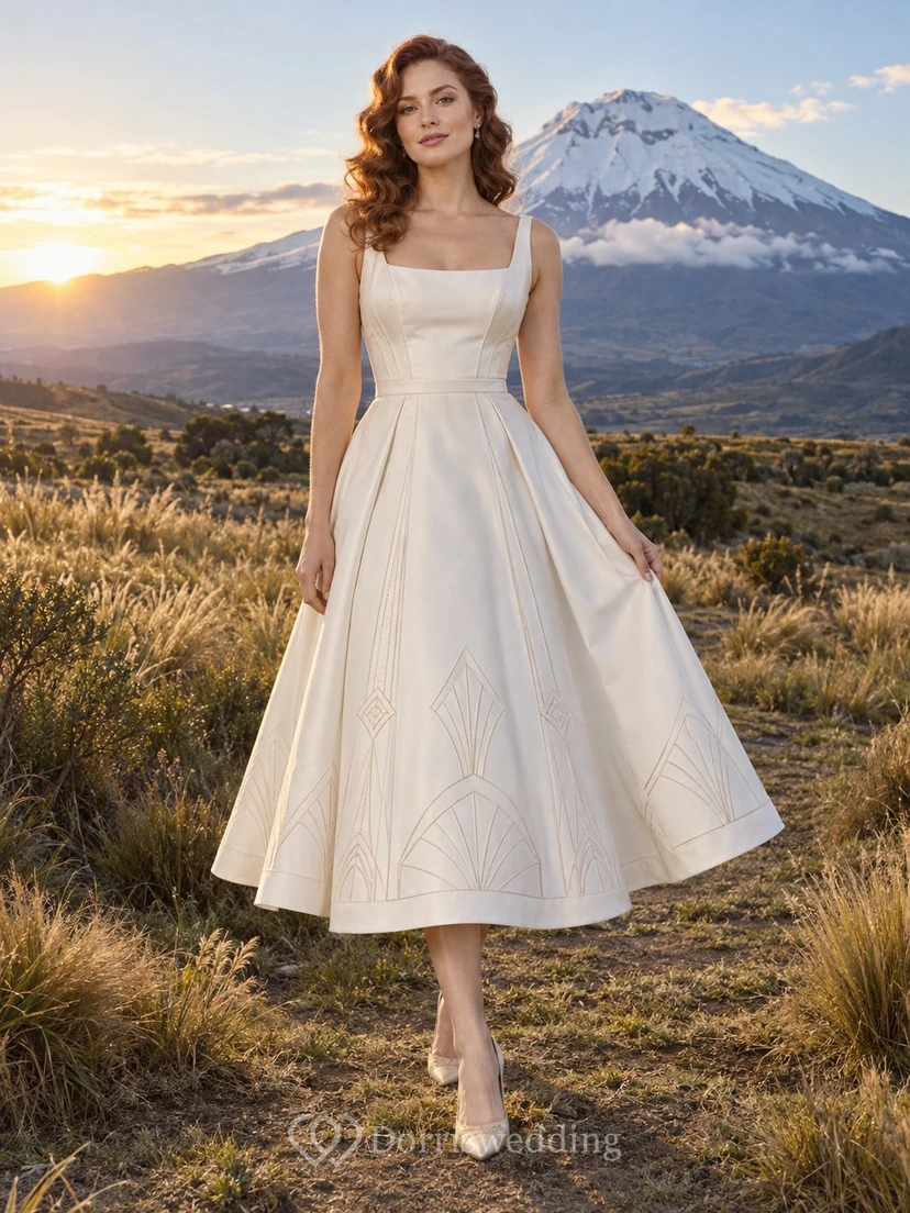 Vestido de novia de satén de algodón de largo midi con escote cuadrado, detalles geométricos y falda en línea A.