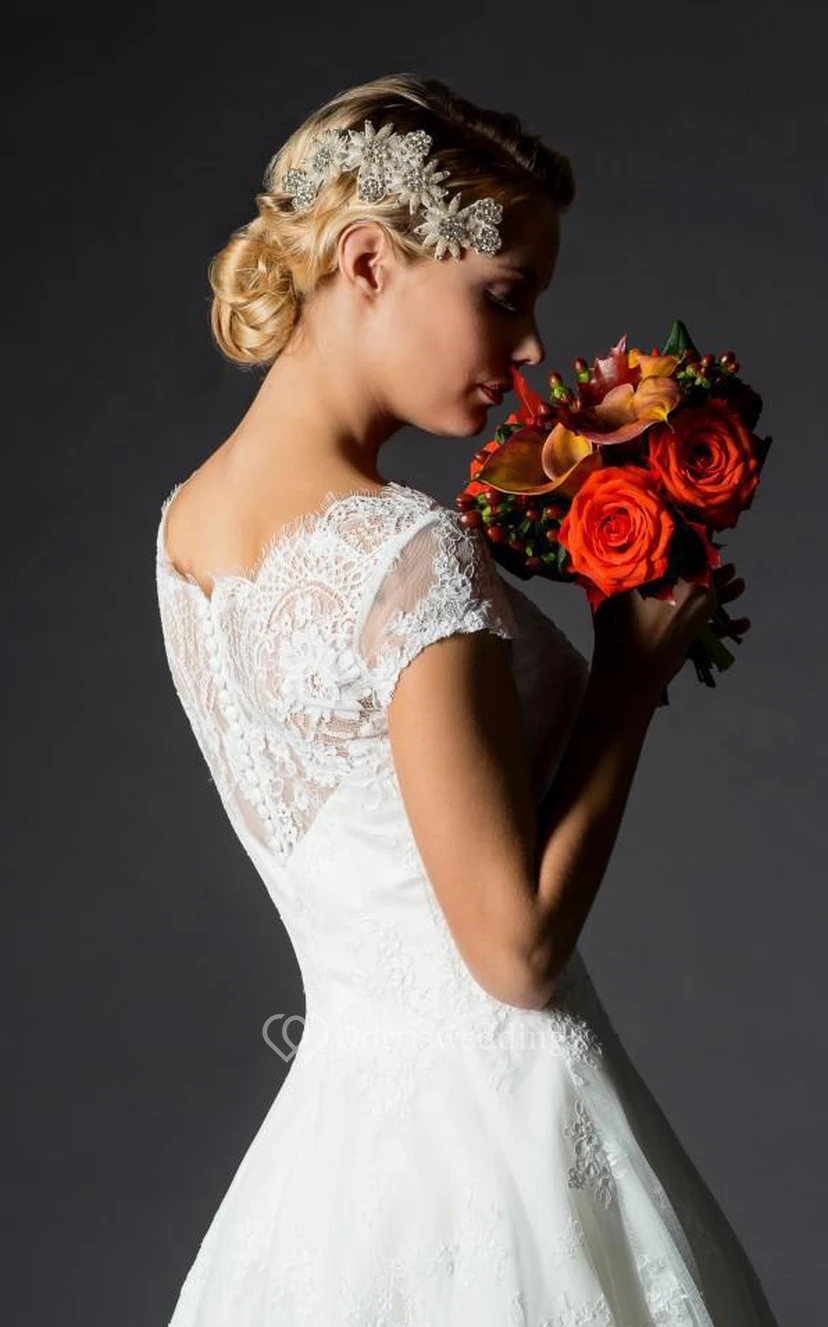 A-Line Mini Jewel V-Neck Bell Cap Appliques Zipper Lace-Up Back Lace Dress view 6