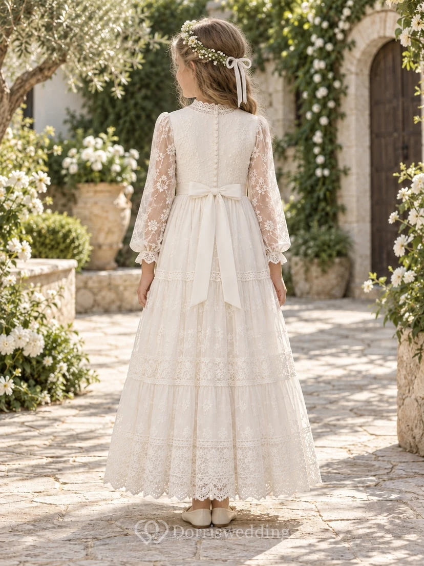 Modest Long Sleeve Ivory High Neck Lace First Communion Dress view 2