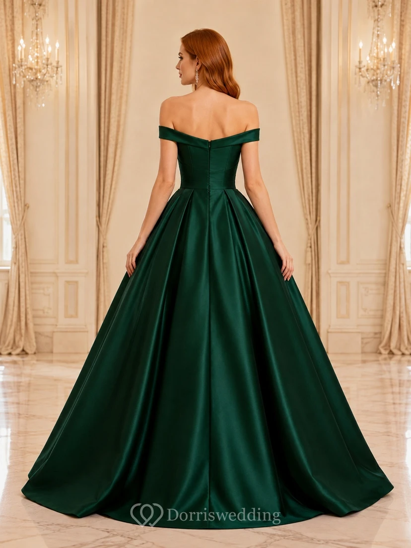 Dark Green Satin Off Shoulder Short Sleeve Ball Gown Floor Length Formal Dress view 2