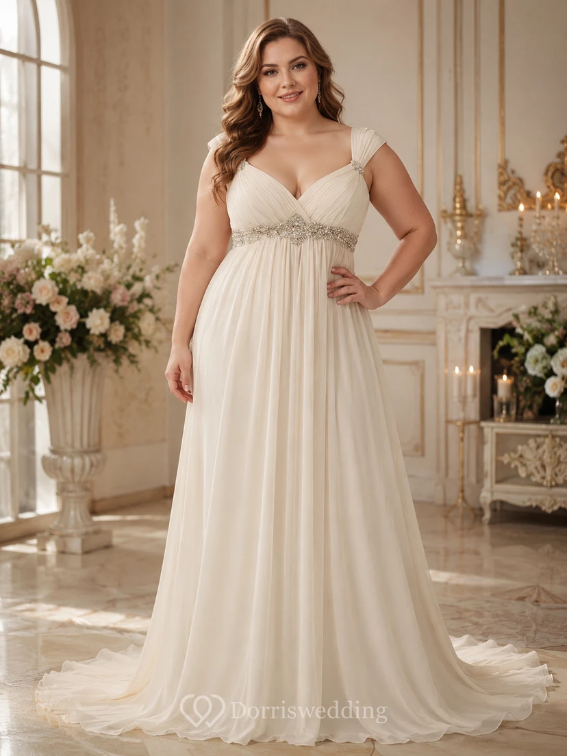 Robe de mariée de plage en mousseline de soie style empire, ornée de perles et de plis, dos nu en V et traîne. view 4