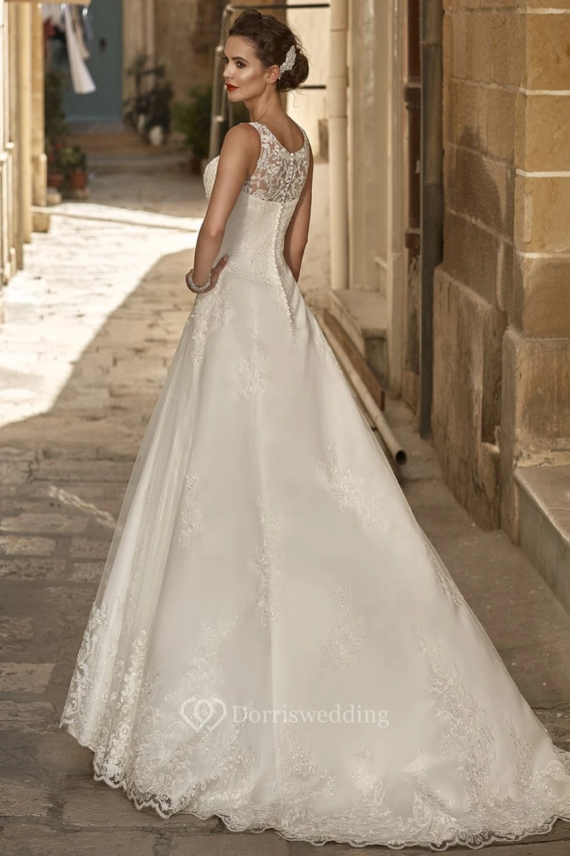 A-Line Sleeveless Scoop-Neck Long Appliqued Satin&Lace Wedding Dress With Beading view 2