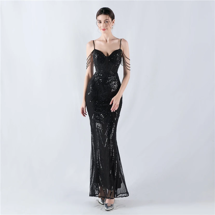Waist-Reduced Fishbone Shaping Positioning Flower Sequined Anchor Sexy Beaded Suspender Evening Dress view 32