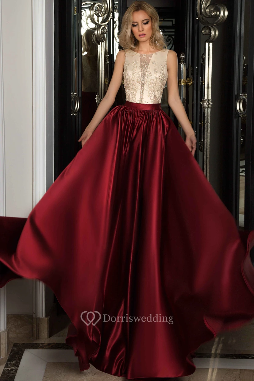 Robe de bal longue en satin, coupe trapèze, sans manches, décolleté rond, dos illusion et perles