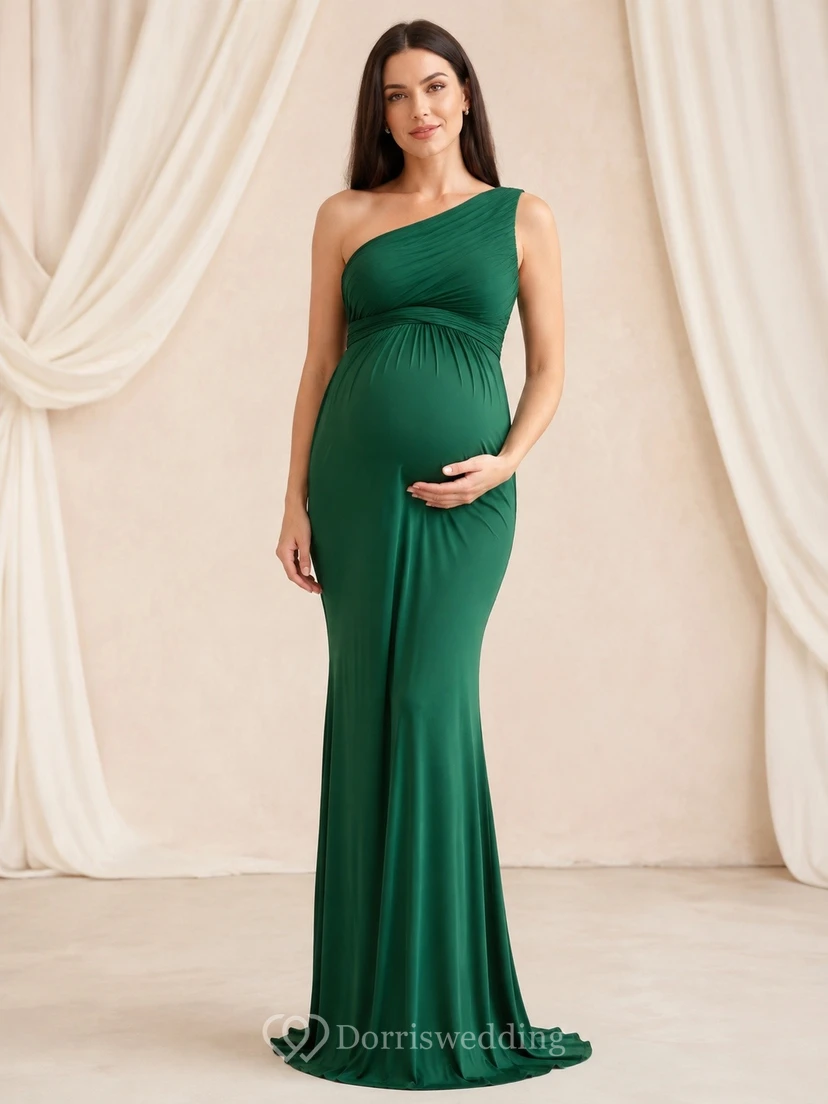 Smaragdgrünes, einseitig schulterfreies, gerafftes Umstands-Meerjungfrauen-Abendkleid