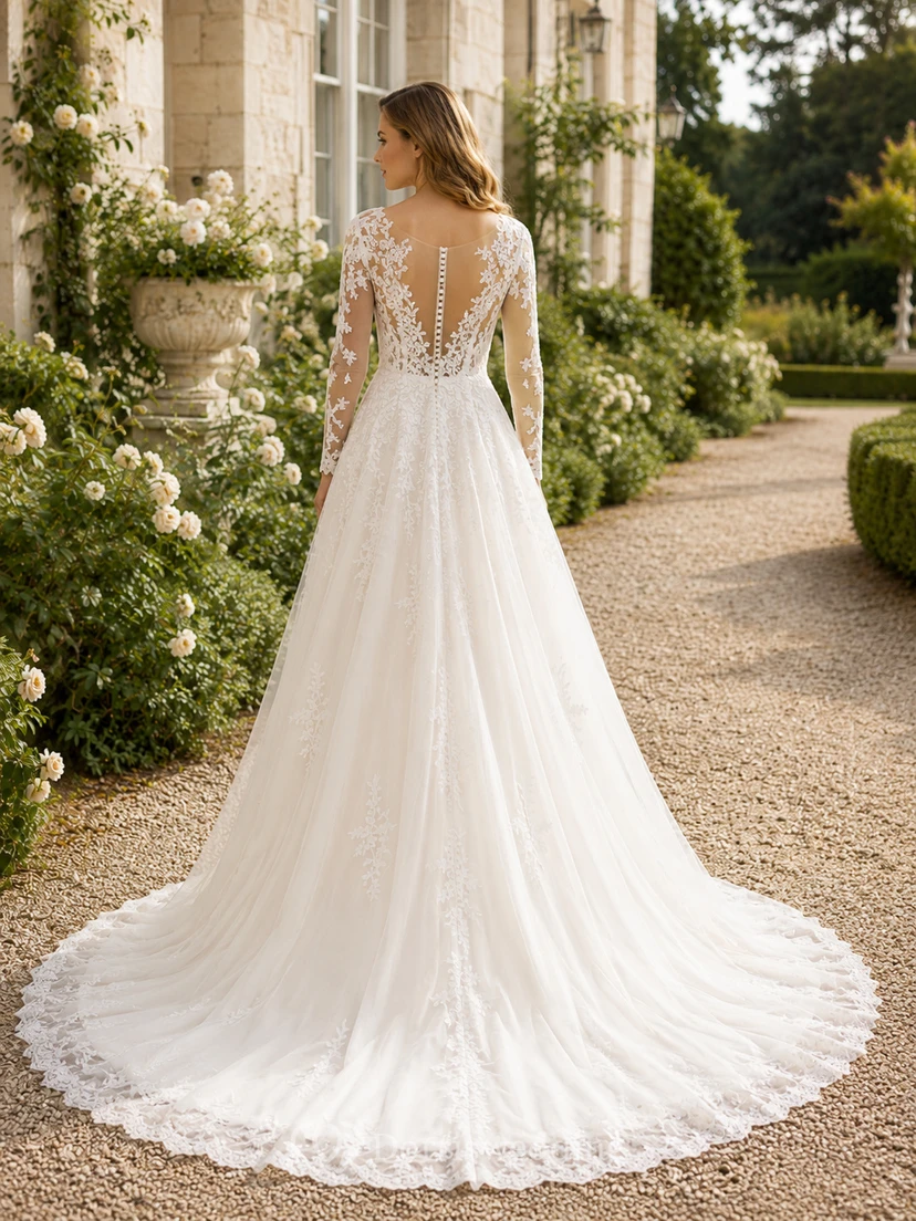 Robe de mariée en dentelle et tulle, coupe trapèze, col en V, sans manches, traîne chapelle view 2