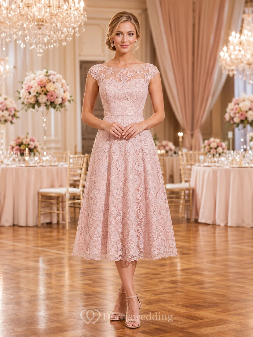 Blush Lace Illusion Cap Sleeve A Line Luncheon Midi Dress