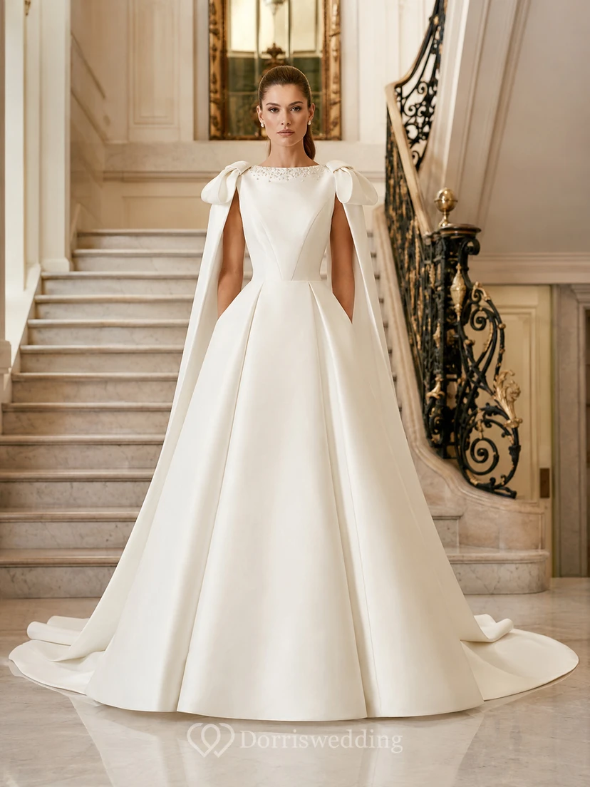Robe de mariée luxueuse en satin, sans manches, coupe bateau, traîne chapelle, épaules dénudées