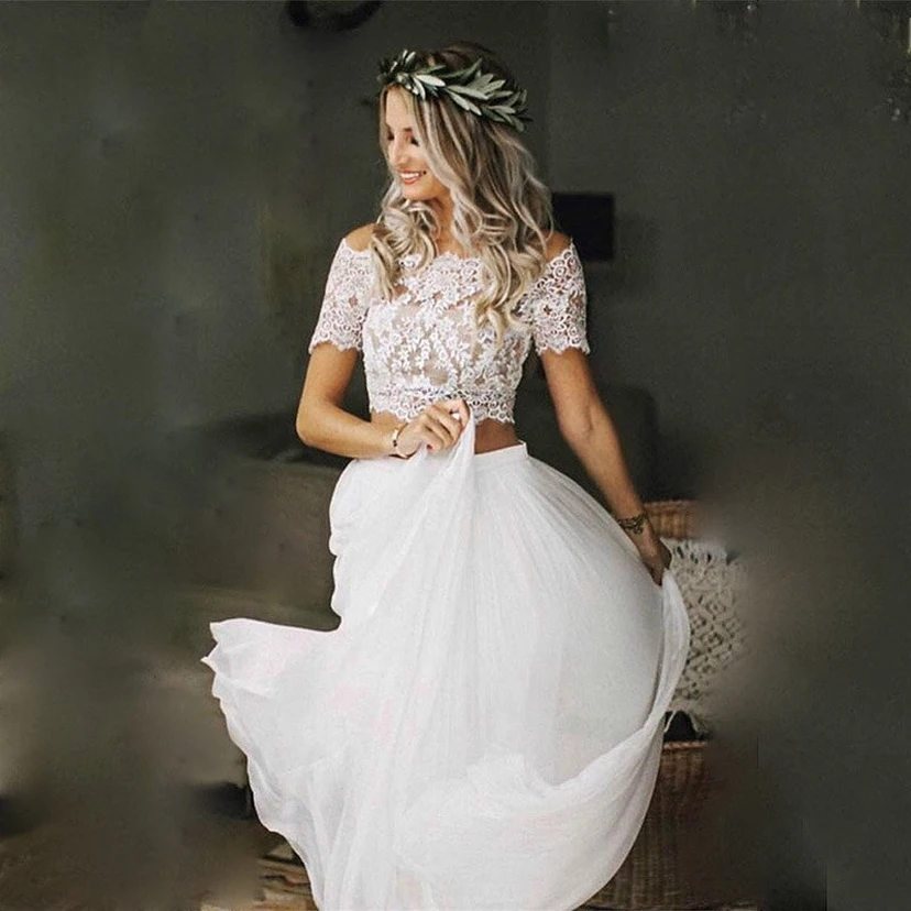 Two Piece Casual Off-the-shoulder Chiffon Wedding Dress with Lace Top