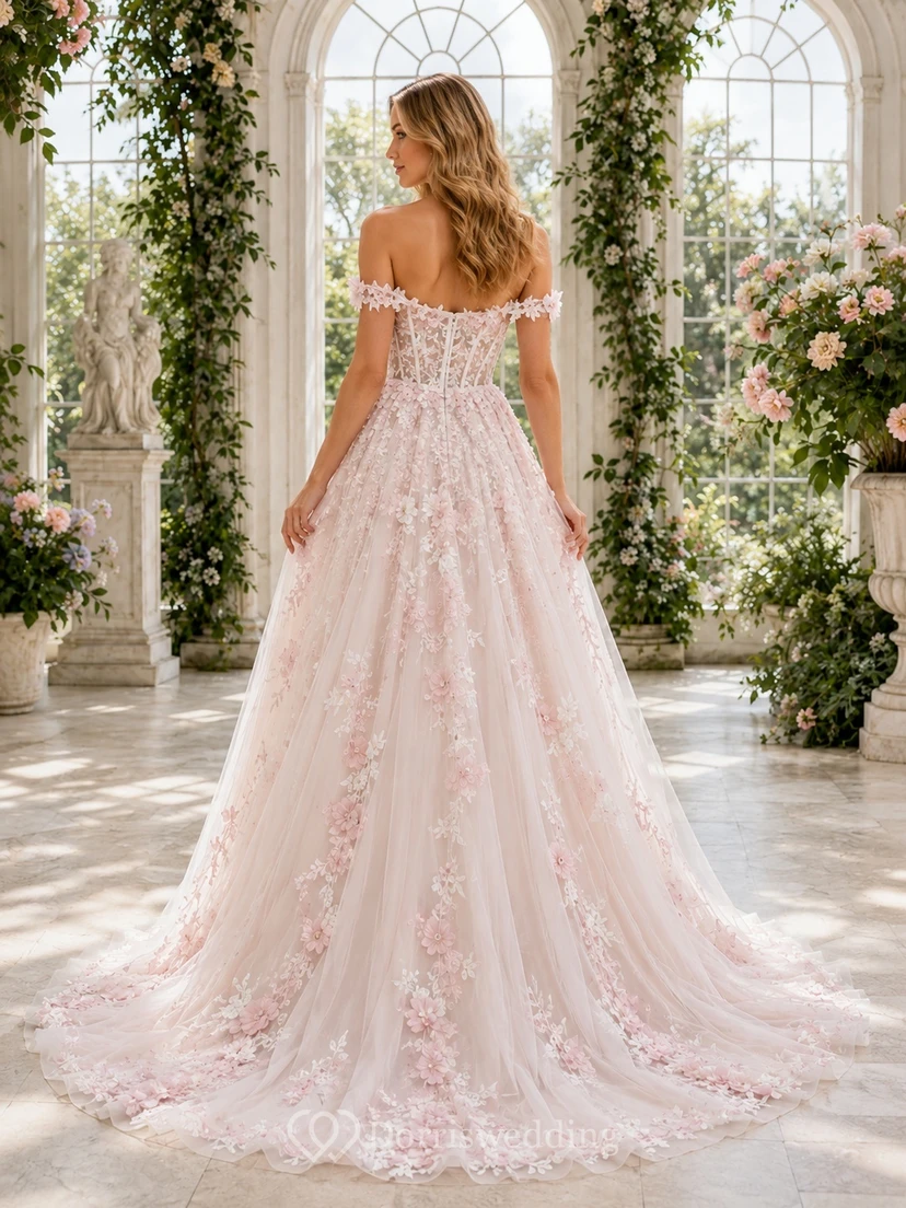 Rosafarbenes, schulterfreies, kurzärmeliges Brautkleid aus Spitze in A-Linie mit Schleppe für eine Gartenhochzeit view 2