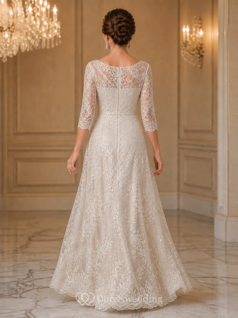 Radiant Modest Older Brides Lace A-Line Floor-length Bateau Three-Quarter Sleeve Mother Dress view 2