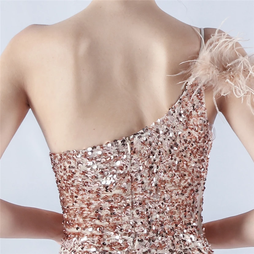 Gradient Velvet Bottom Sequins Craft Beading Ostrich Hair One-Shoulder Oblique Collar High-Slit Evening Dress view 54