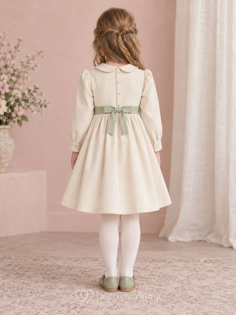 Schlichtes, elegantes Blumenmädchenkleid aus Cord mit langen Ärmeln, elfenbeinfarbenem Ripsband, Schleife am Rücken und langen Ärmeln, knielang, salbeigrünem Rücken und Blumenmädchenkleid view 2