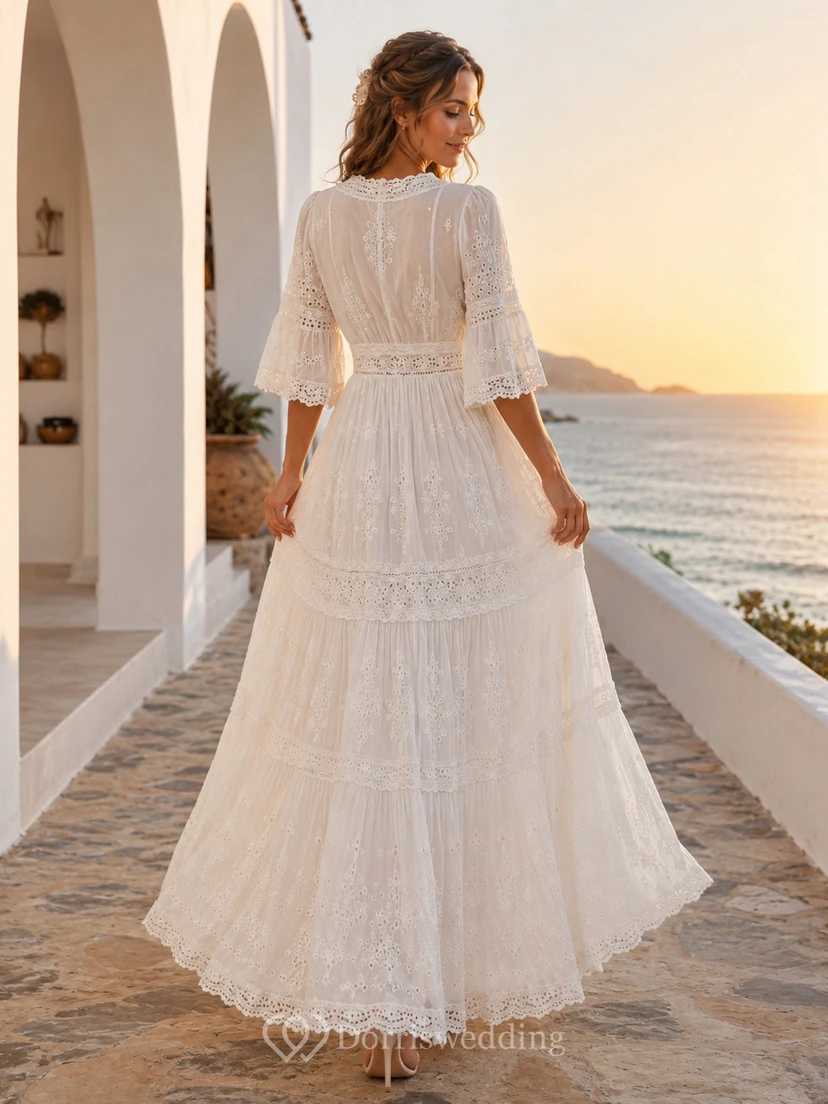 Vintage Ibicenco Cotton A Line V Neck Half Sleeve Tiered Wedding Dress view 2