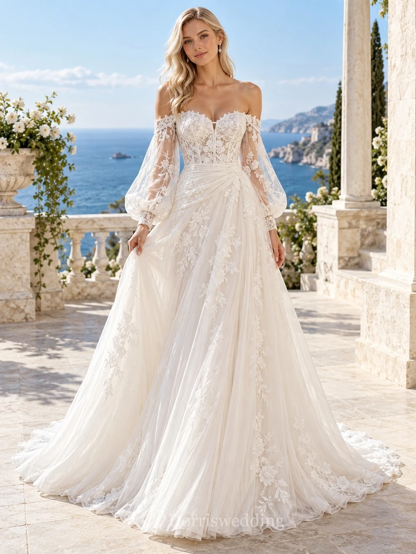 Off Shoulder Balloon Sleeve Draped Floral Tulle A-line Wedding Dress