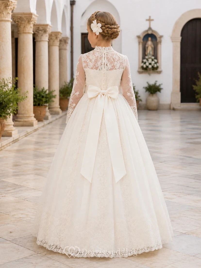 Spanisches Kommunionkleid in A-Linie mit hohem Spitzenkragen, langen Ärmeln view 2