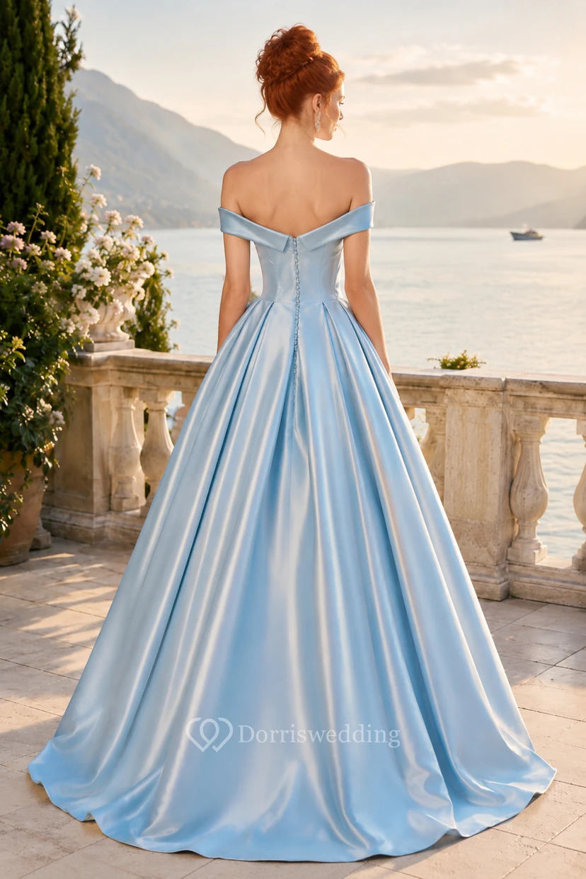 Himmelblaues schulterfreies Satin-Ballkleid für Abschlussball und festliche Anlässe, z. B. für den Abend des Abschlussballs und formelle Empfänge view 2