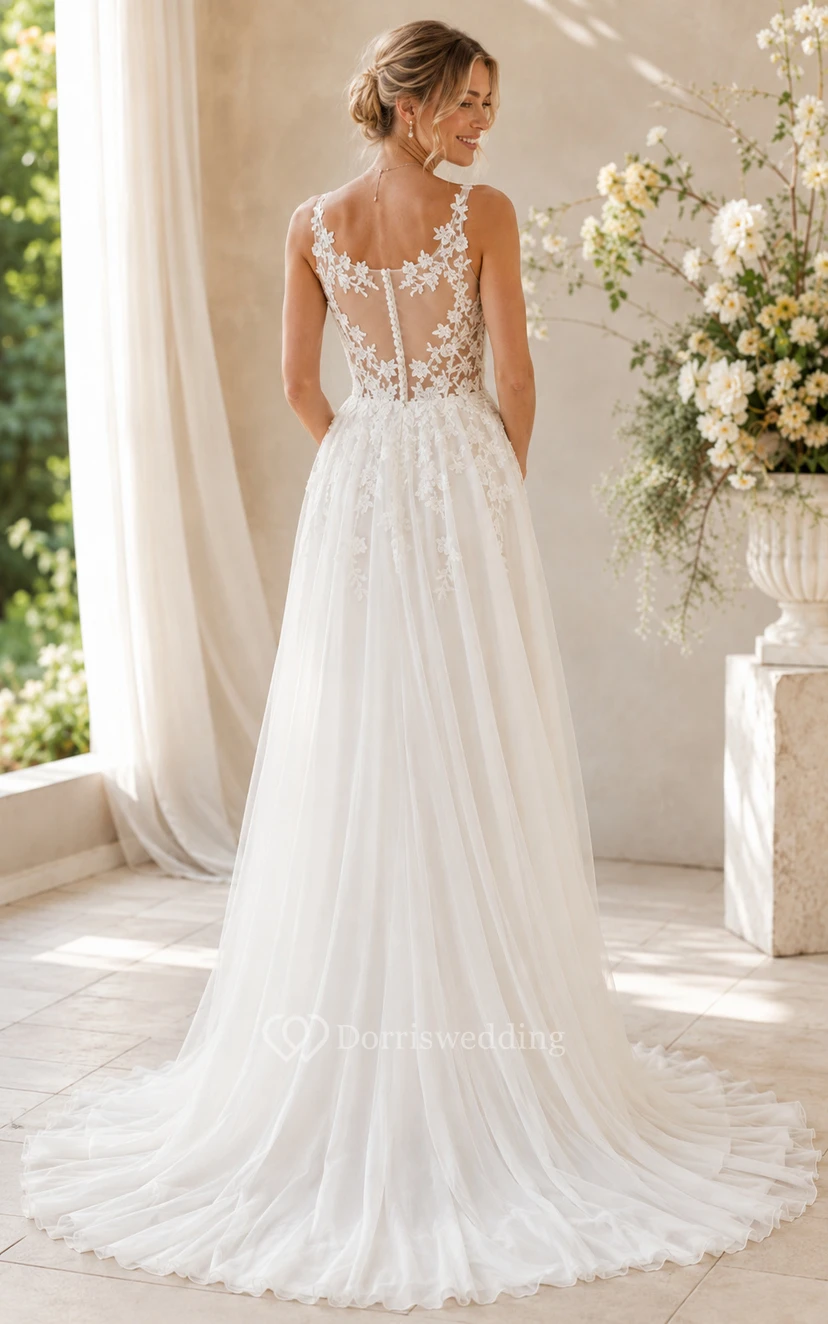 Spaghetti Strap Lace Bodice A-Line Wedding Dress with Tulle Skirt and Chapel Train view 2