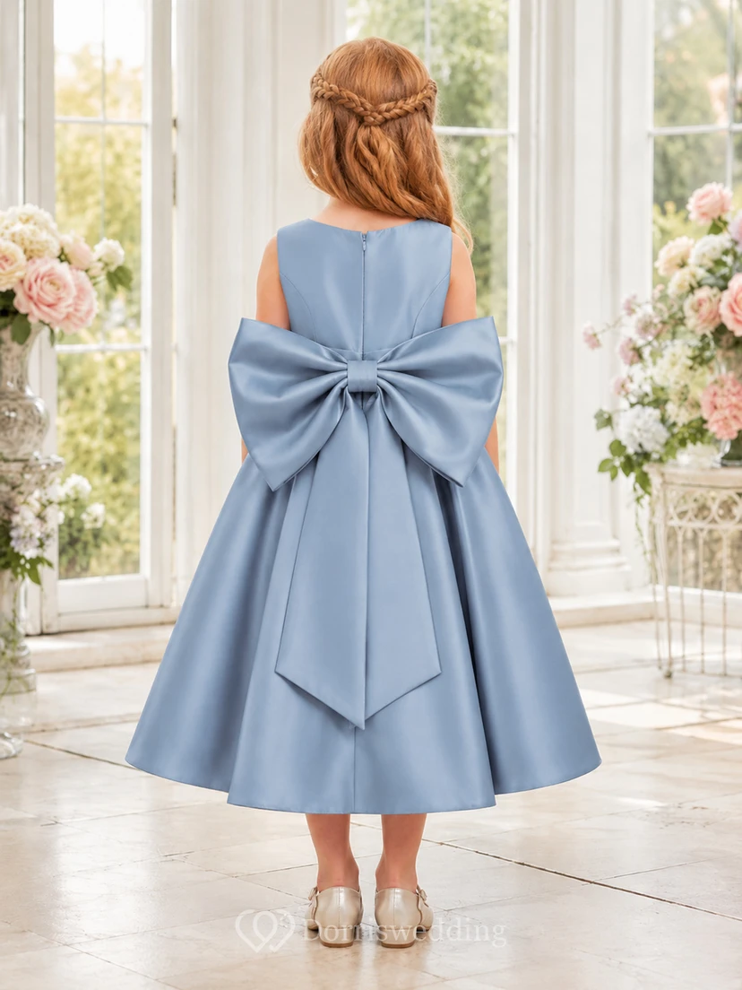 Princess Satin Flower Girl Dress with Puff Sleeves view 2