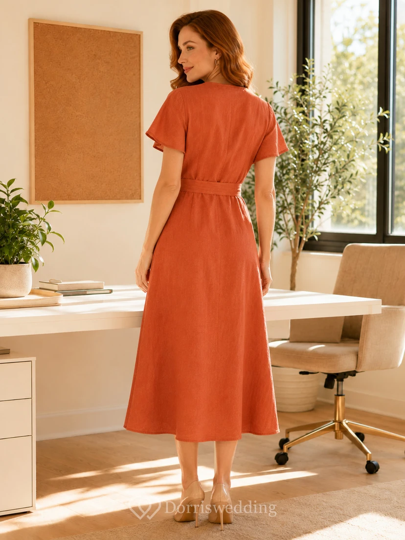 Terracotta short sleeve V-neck wrap linen summer office dress view 2