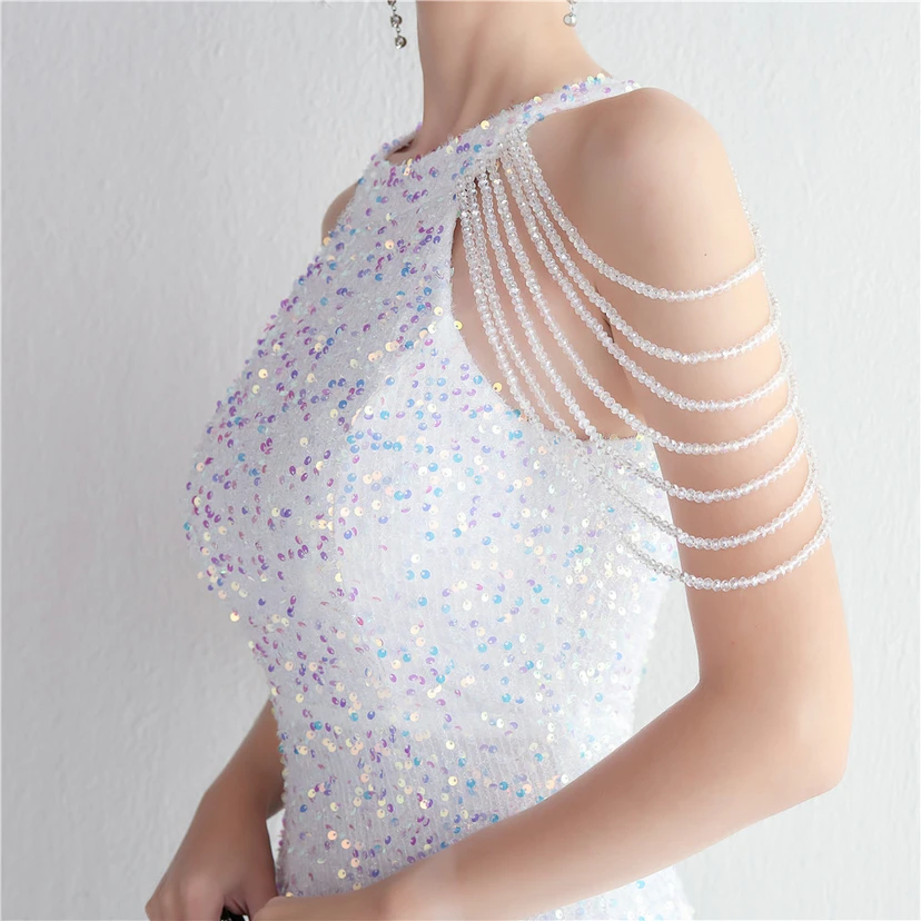 Heavy-Duty Glass Bead Craft Beaded Banquet Evening Dress Temperament Elegant Long Halter Neck Slit Sequins view 19