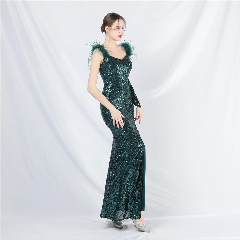 Evening Dress Craft Beaded Ostrich Feather Sequined Side Slit Evening Dress view 29