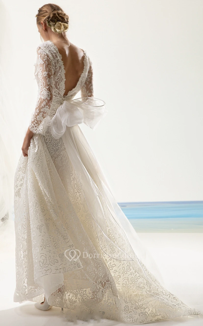 Lässiges Brautkleid mit Illusion-V-Ausschnitt, A-Linie, Schleppe und langen Ärmeln mit Schleife view 2