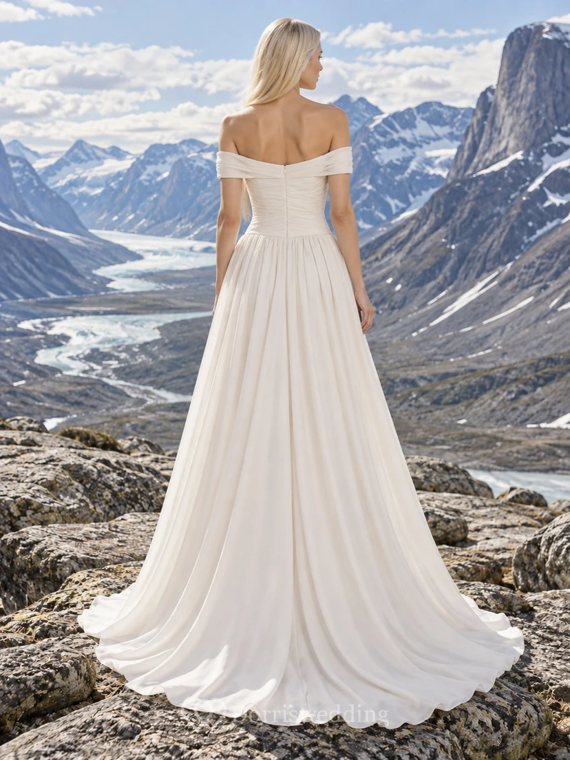 Off Shoulder Simple Crepe Wedding Dress with Ruched Bodice and Gathered A-Line Skirt view 2