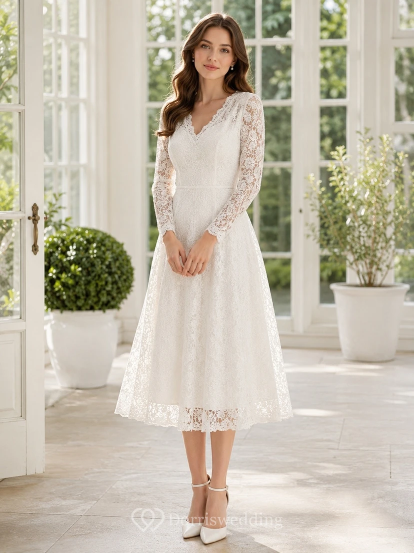 White V-neck Long Sleeve Lace Tea Length A-line Elegant Guest Dress