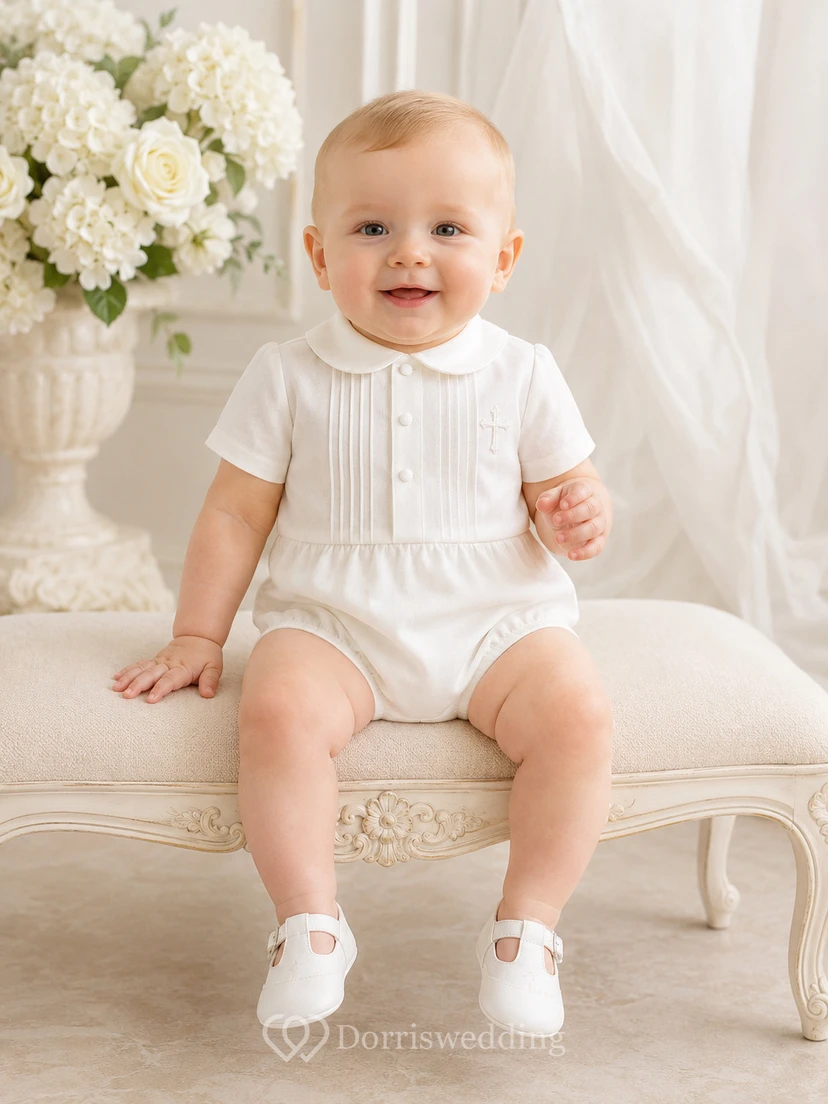 White Pintuck Button Bib Short Sleeve Infant Baptism Romper for Baby Boy