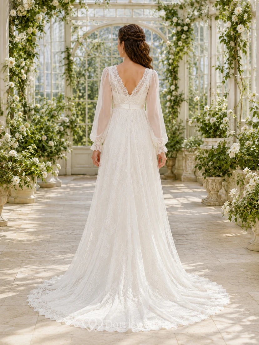 Romantic V Neck Lace Wedding A Line Long Illusion Sleeve Court Train view 2
