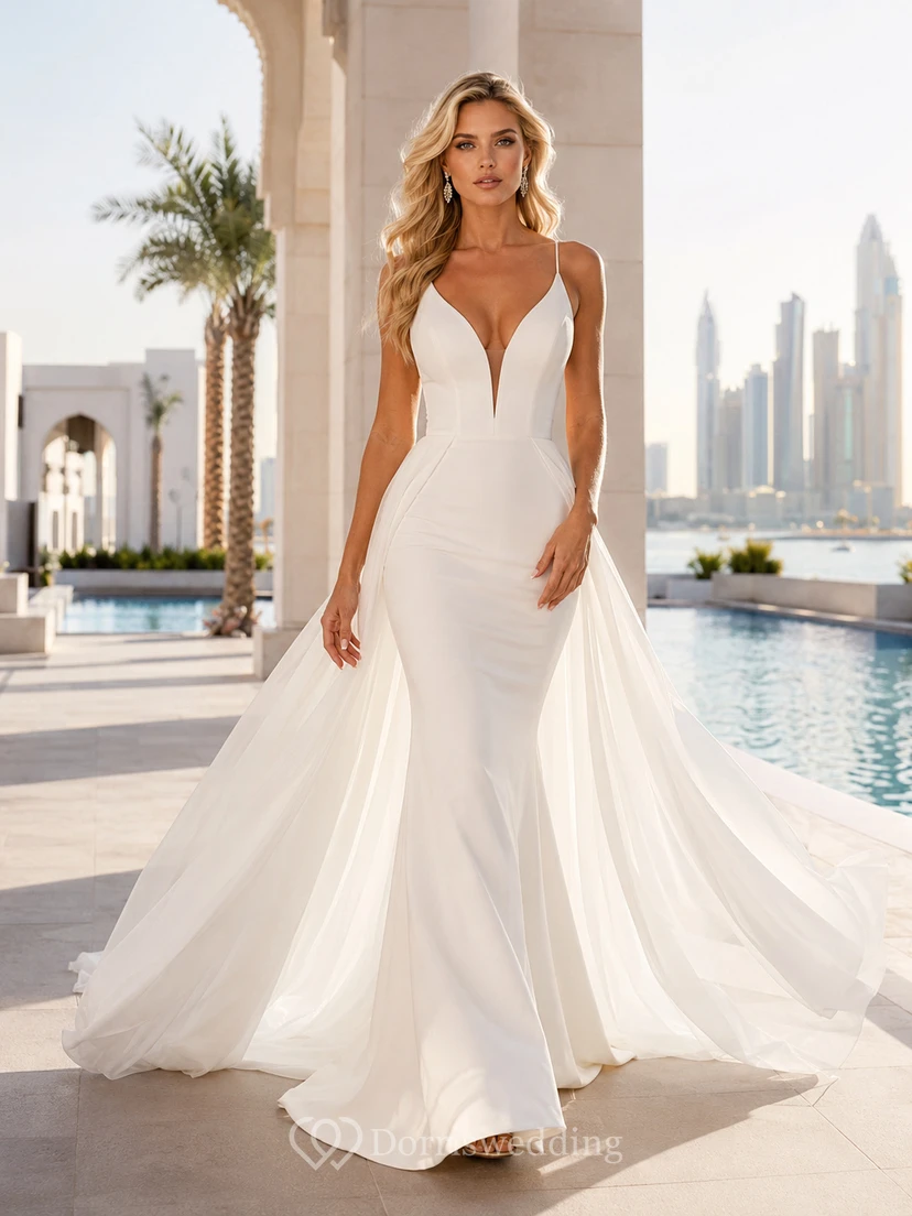 Vestido de novia sexy de satén elástico con escote en V profundo y cola de capilla estilo sirena.