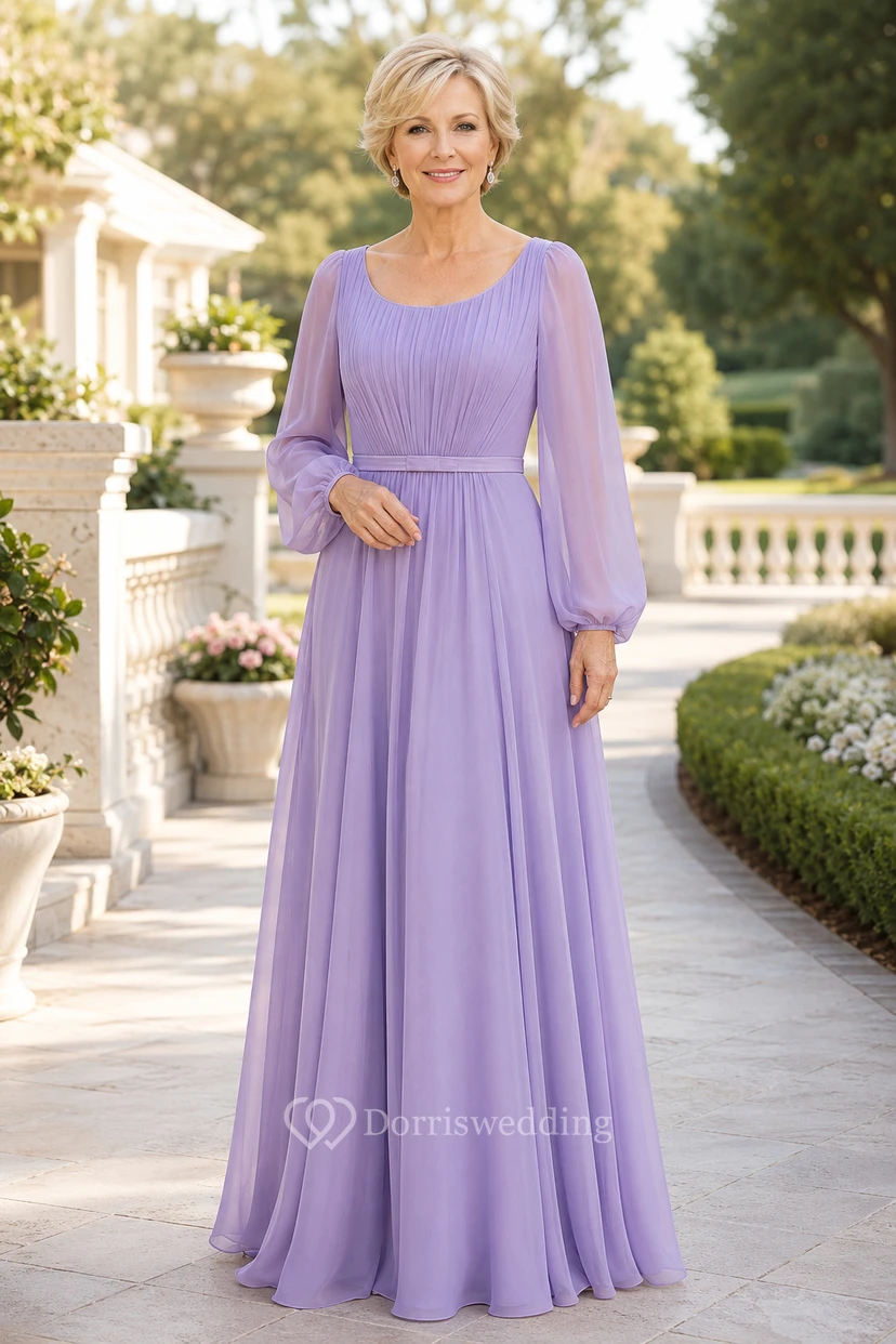Lavendelfarbenes Chiffon-Kleid in A-Linie mit U-Boot-Ausschnitt und transparenten Poetenärmeln