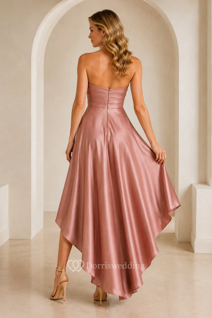 Dusty Rose Strapless Satin High-Low A-Line Cocktail Dress with Pleated Wrap Bodice view 2