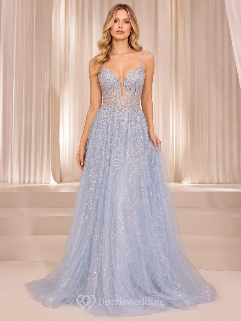 Light blue spaghetti strap tulle A-line gown with lace bodice