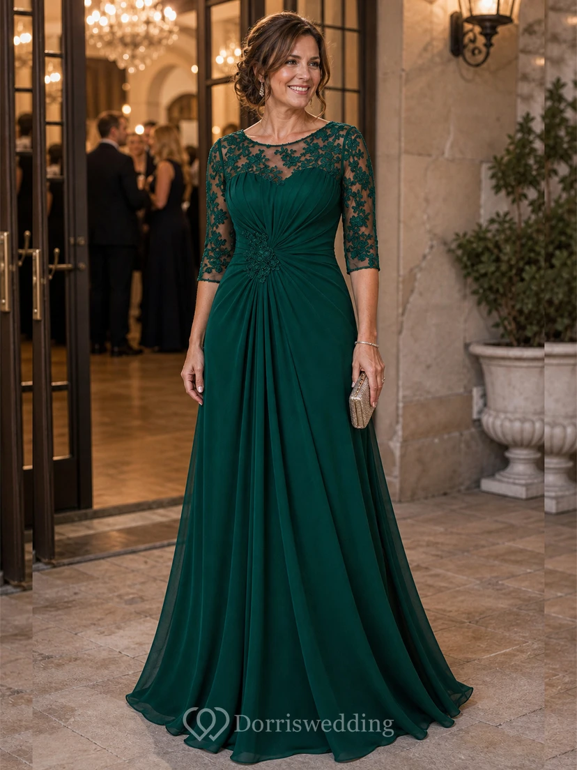 Half-Sleeved A-Line Long Mother Of The Bride Dress With Keyhole Back And Appliques view 6