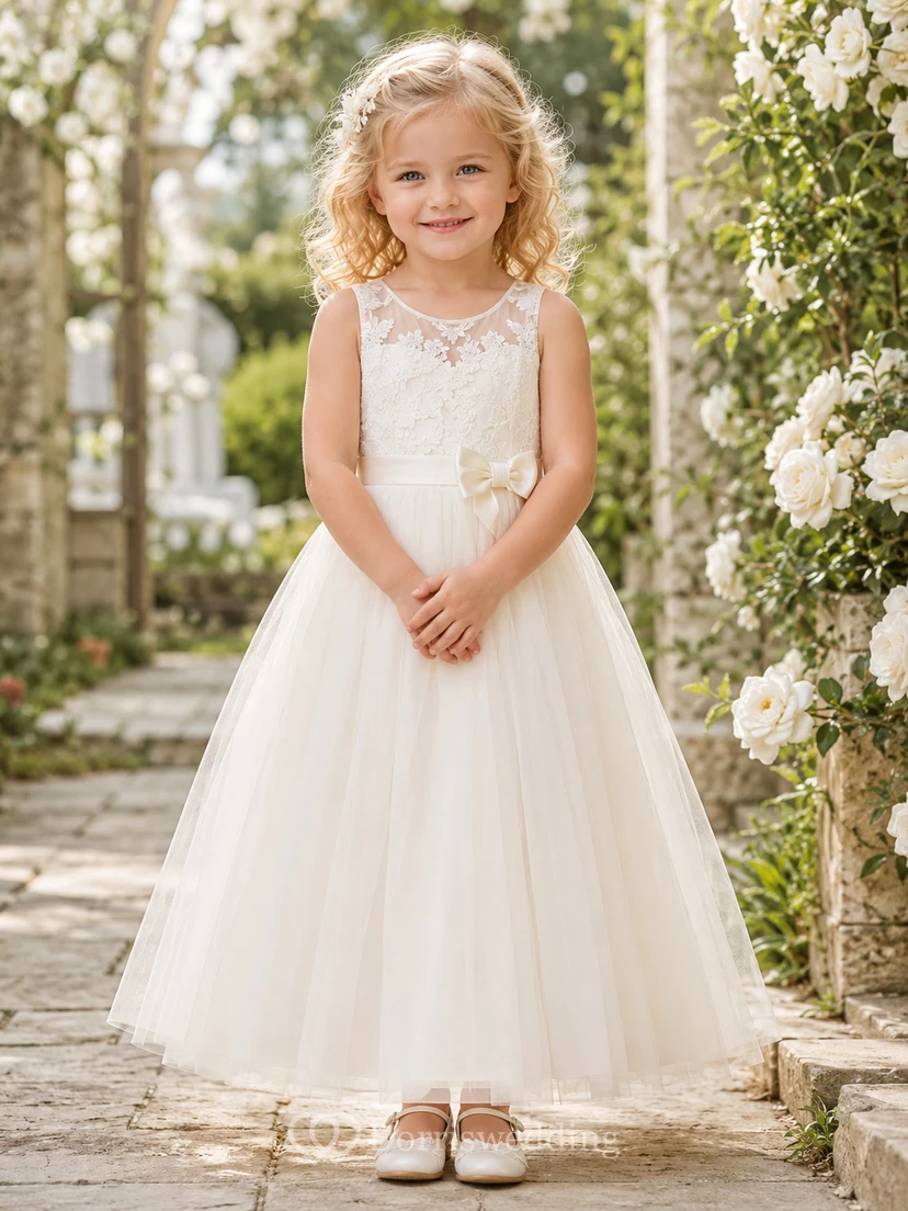 Robe mi-longue en tulle et dentelle, coupe trapèze, col rond, sans manches, ornée d'un nœud, pour demoiselle d'honneur