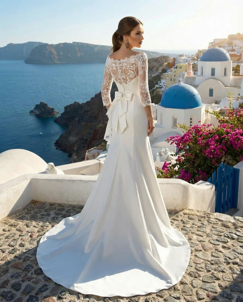 T-Shirt Sleeve Satin Wedding Dress with Ruffles view 2
