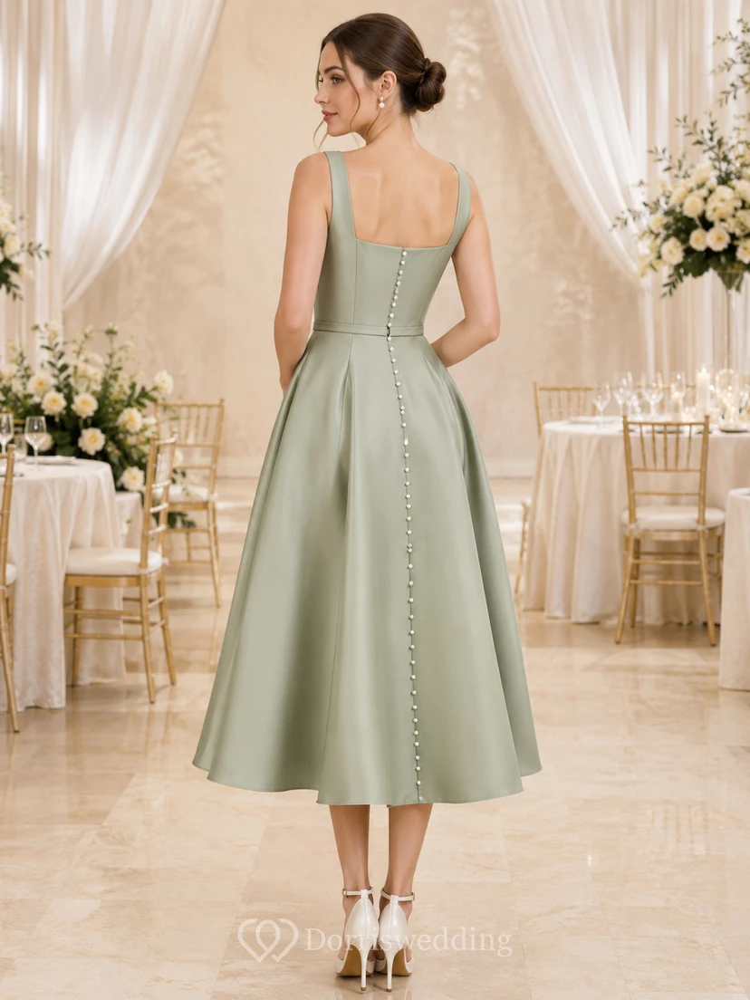Robe de mariée vert sauge, longueur thé, col carré, coupe trapèze, en satin, boutonnée au dos view 2