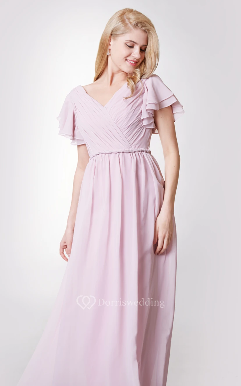 Graceful V-neck Empire Chiffon A-line Gown With Ruffled Sleeves view 4